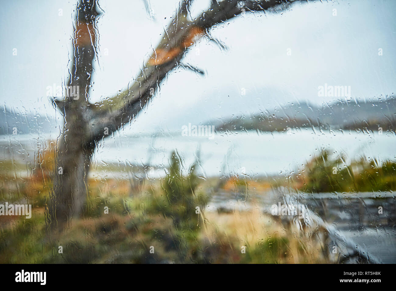 Il Cile, Torres del Paine, lago grigio, vista dalla finestra con le gocce di pioggia Foto Stock