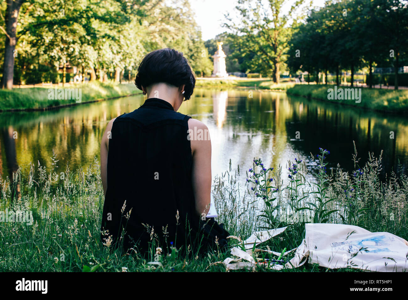 Vista posteriore di un artista seduto su un prato in prossimità di acqua in un disegno del parco Foto Stock