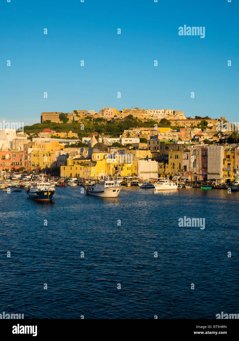 L'Italia, Campania, Napoli, Golfo di Napoli, Isola di Procida, città nella luce del mattino Foto Stock