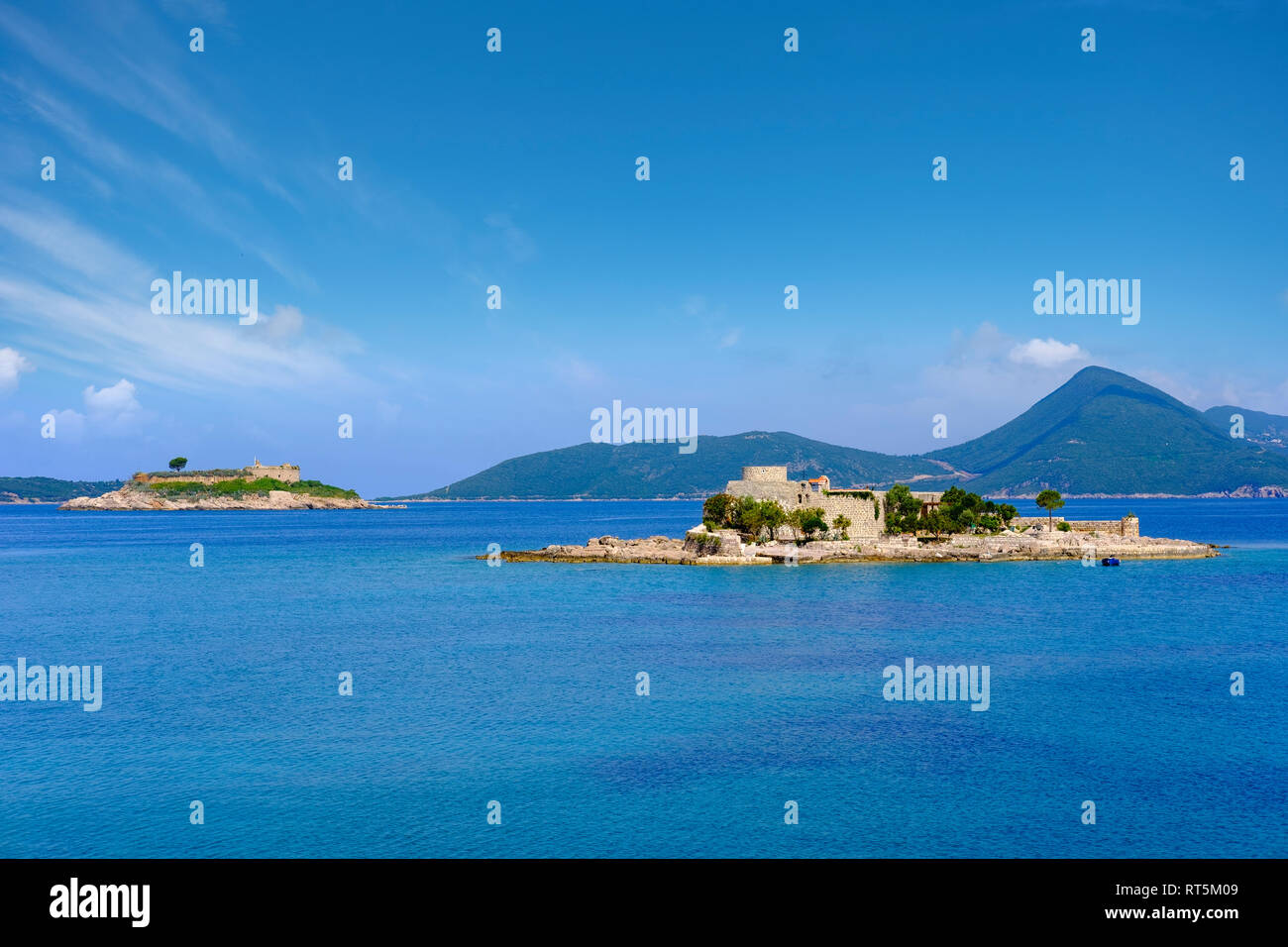 Montenegro e della Baia di Kotor, Penisola Lustica, Fort Mamula e Gospa Isola Foto Stock