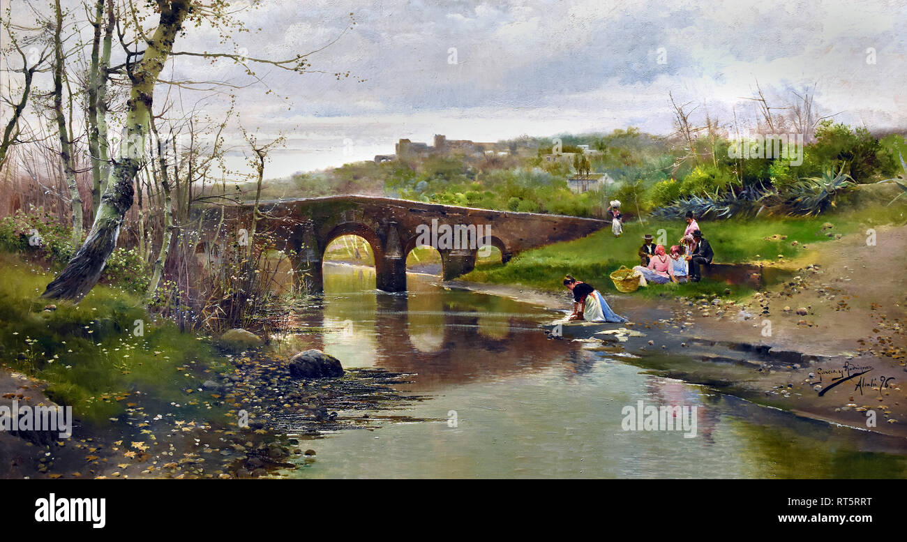 Paesaggio in Alcala de Guadaira Siviglia,1896 Manuel García Rodríguez, 1863 -1929, Andalusia, Spagnolo, Spagna ( giovane donna fa il servizio lavanderia nel fiume ) Foto Stock