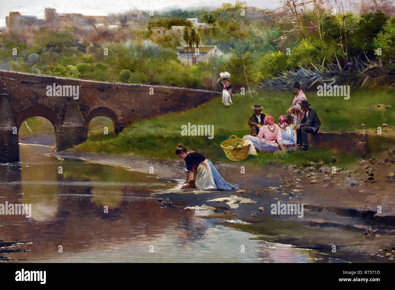 Paesaggio in Alcala de Guadaira Siviglia,1896 Manuel García Rodríguez, 1863 -1929, Andalusia, Spagnolo, Spagna ( giovane donna fa il servizio lavanderia nel fiume ) Foto Stock