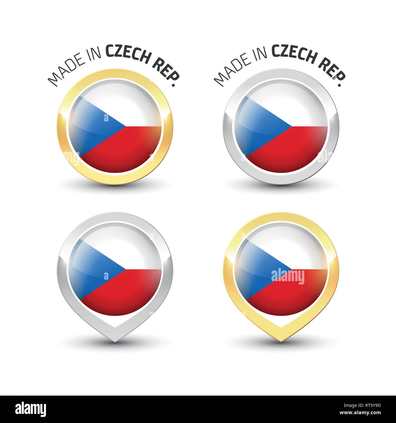 Realizzato in Repubblica ceca - etichetta di garanzia con la bandiera Ceca all'interno del turno oro e argento icone. Illustrazione Vettoriale