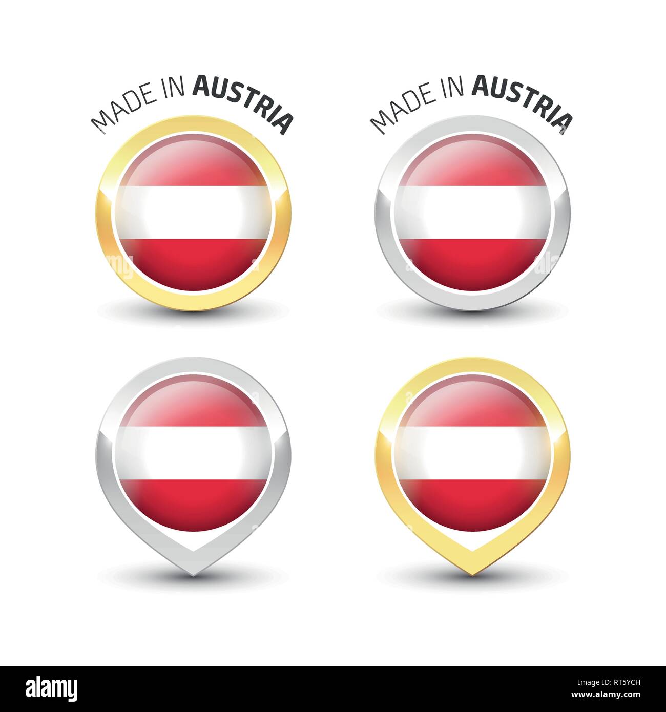 Made in Austria - etichetta di garanzia con la bandiera austriaca all'interno del turno oro e argento icone. Illustrazione Vettoriale