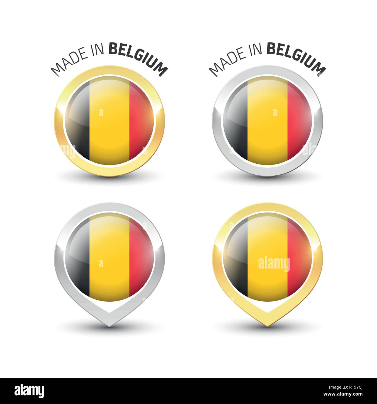 Fabbricato in Belgio - etichetta di garanzia con la bandiera belga all'interno del turno oro e argento icone. Illustrazione Vettoriale
