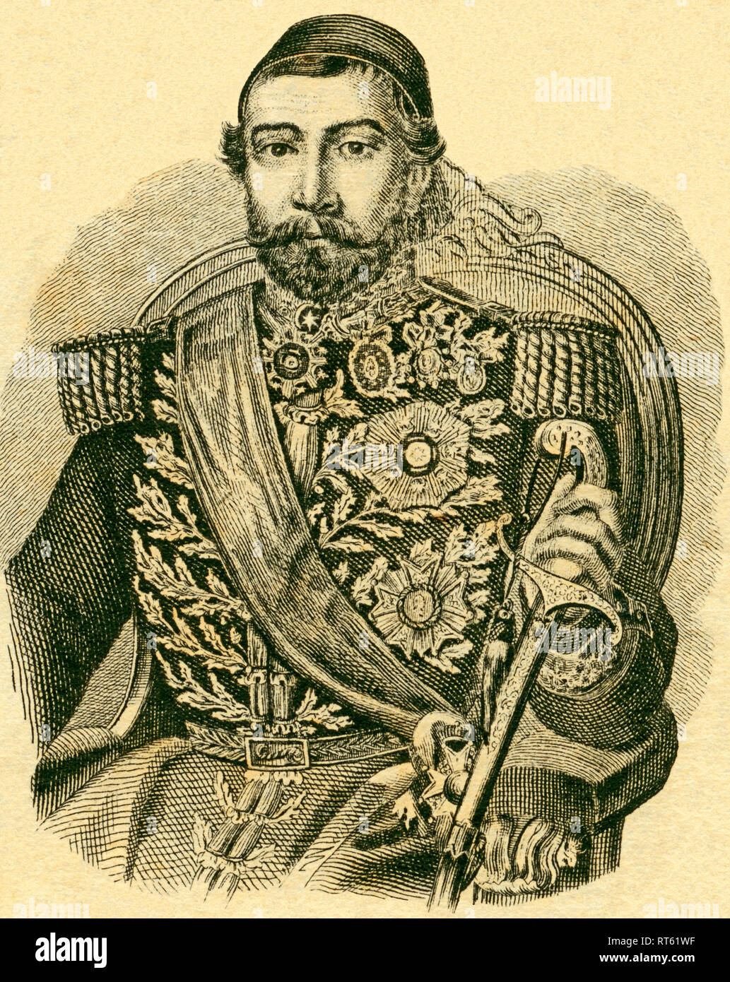 Hassan Riza Pasha, segretario della guerra dell'Impero Ottomano, nato 1809, litografia da: 'National-Kalender für alle Kronländer der kaiserl. königl. Österreichischen Monarchie auf das Schaltjahr 1856', litografo W. Klimt, pubblicato da Carl Wilhelm Medow, Leitmeritz / Praha., Additional-Rights-Clearance-Info-Not-Available Foto Stock