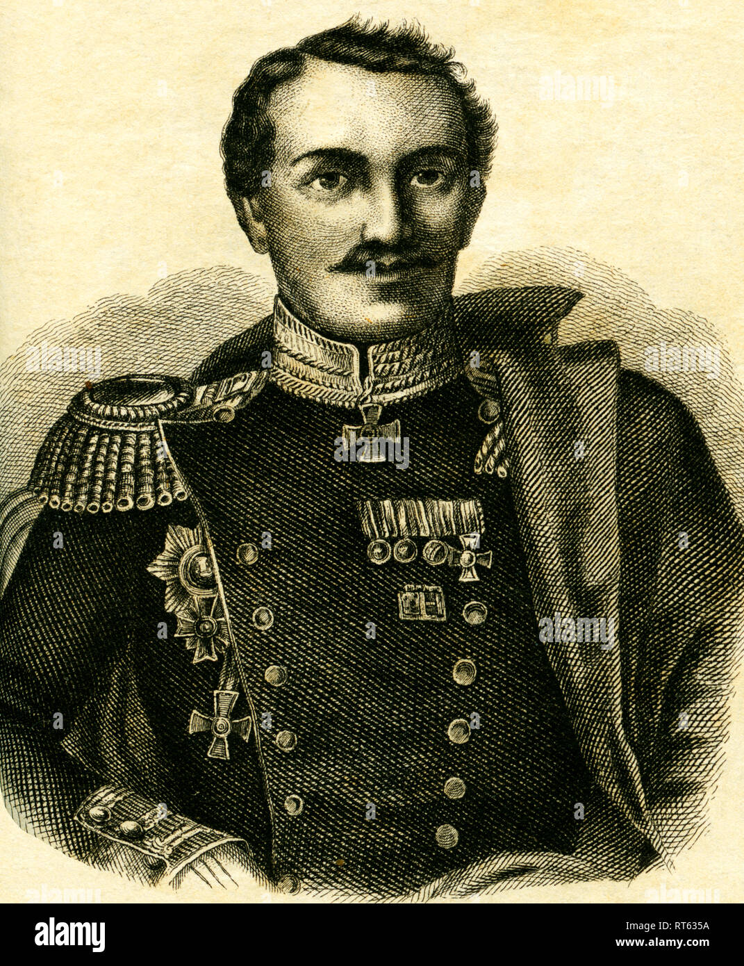 Pawel Petrowitsch Liprandi, generale russo, 1796-1864, comandante in capo della parte sinistra dell'esercito russo di fronte a Sevastopol, litografia da: 'National-Kalender für alle Kronländer der kaiserl. königl. Österreichischen Monarchie auf das Schaltjahr 1856 ' (calendario nazionale per tutti crownlands della Monarchia imperiale d'Austria, 1856), litografo W. Klimt, pubblicato da Carl Wilhelm Medow, Leitmeritz / Praga., Additional-Rights-Clearance-Info-Not-Available Foto Stock