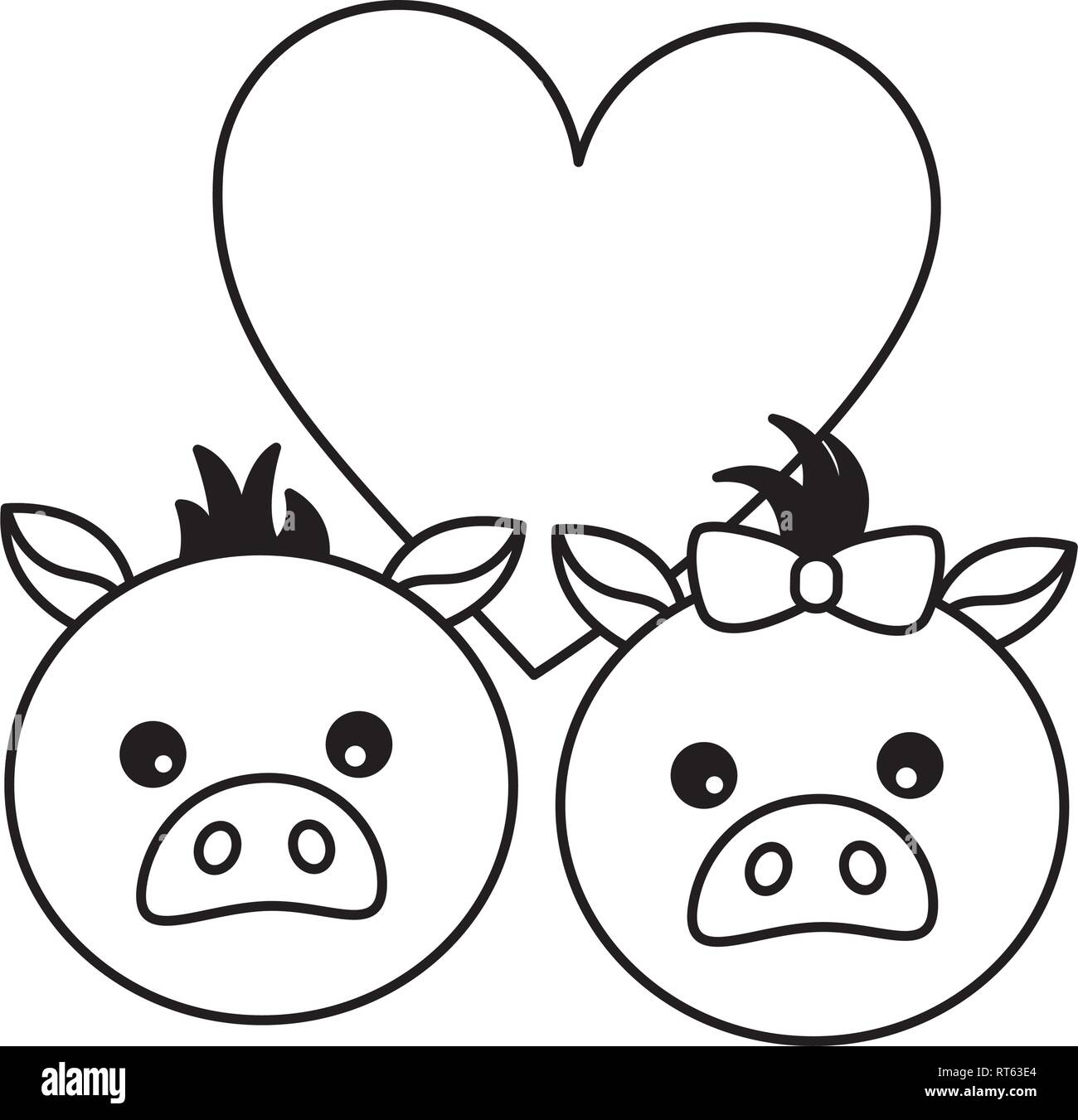 Carino coppia suini amore cuore Illustrazione Vettoriale