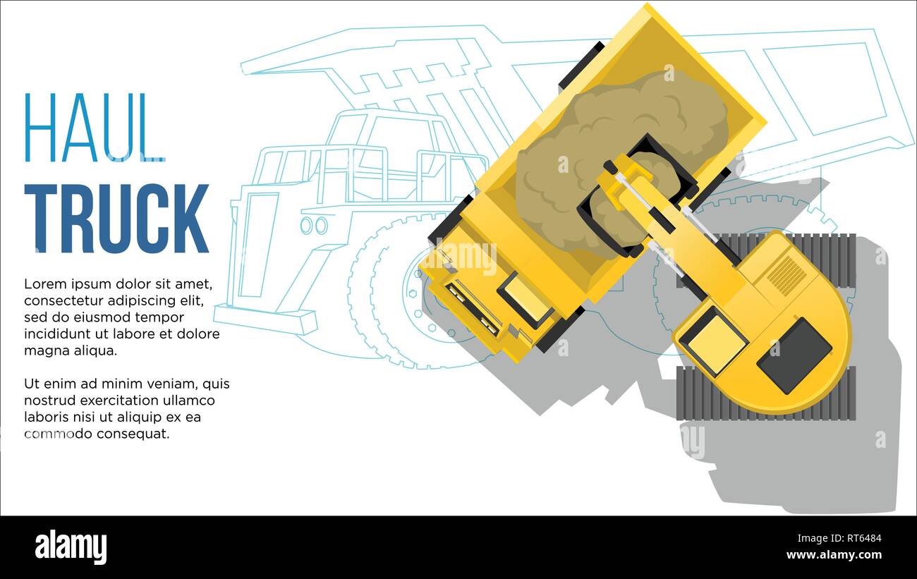 Trasporto industriale concetto haul il caricamento dei camion da escavatore top vista aerea con carrello linea di ingegneria disegni illustrazione migliori per il web e Illustrazione Vettoriale