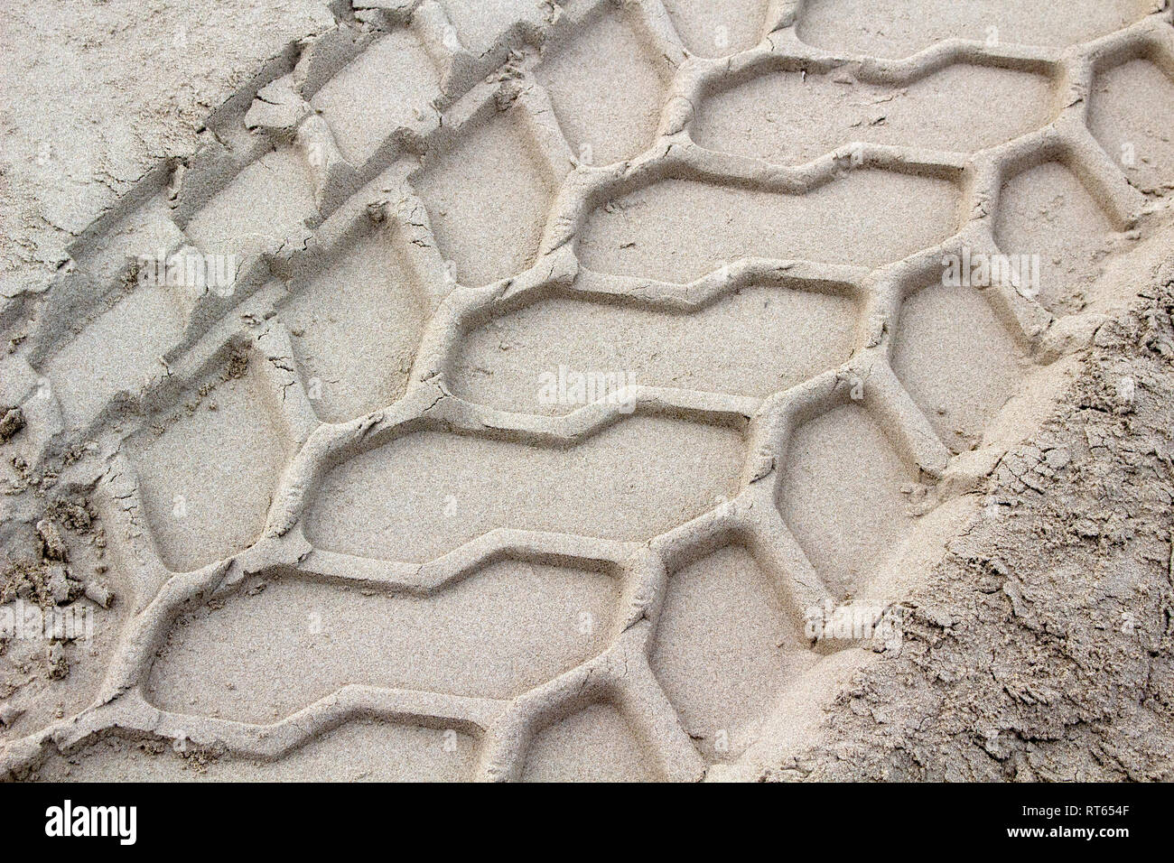 Close-up dell'immagine che mostra la consistenza delle tracce di pneumatici nella sabbia Foto Stock