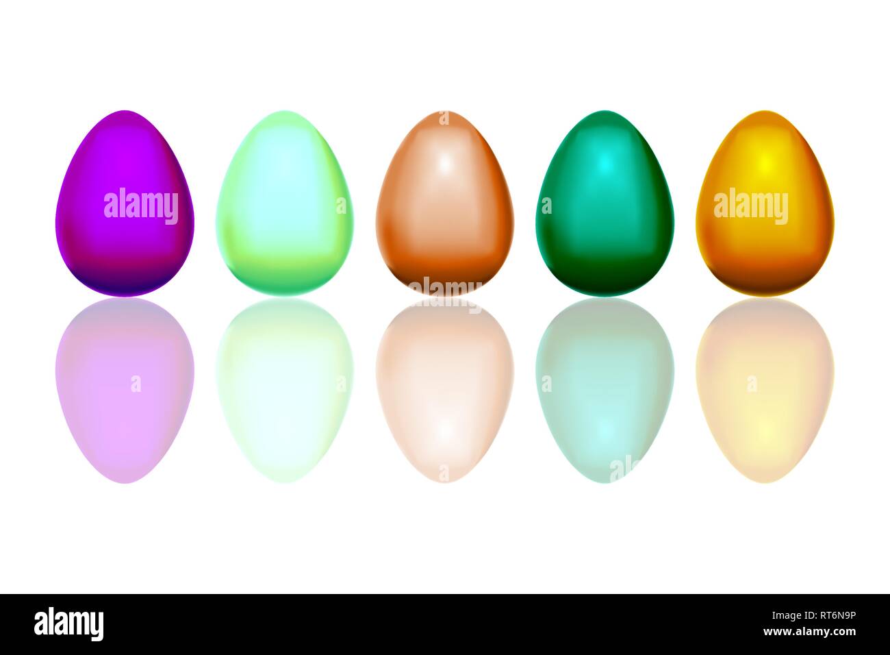 Raccolta delle uova di pasqua su uno sfondo bianco. Uova realistico a forma di ellisse con ombre. Cinque uova di uccello isolato vicino. Pasqua symb Illustrazione Vettoriale