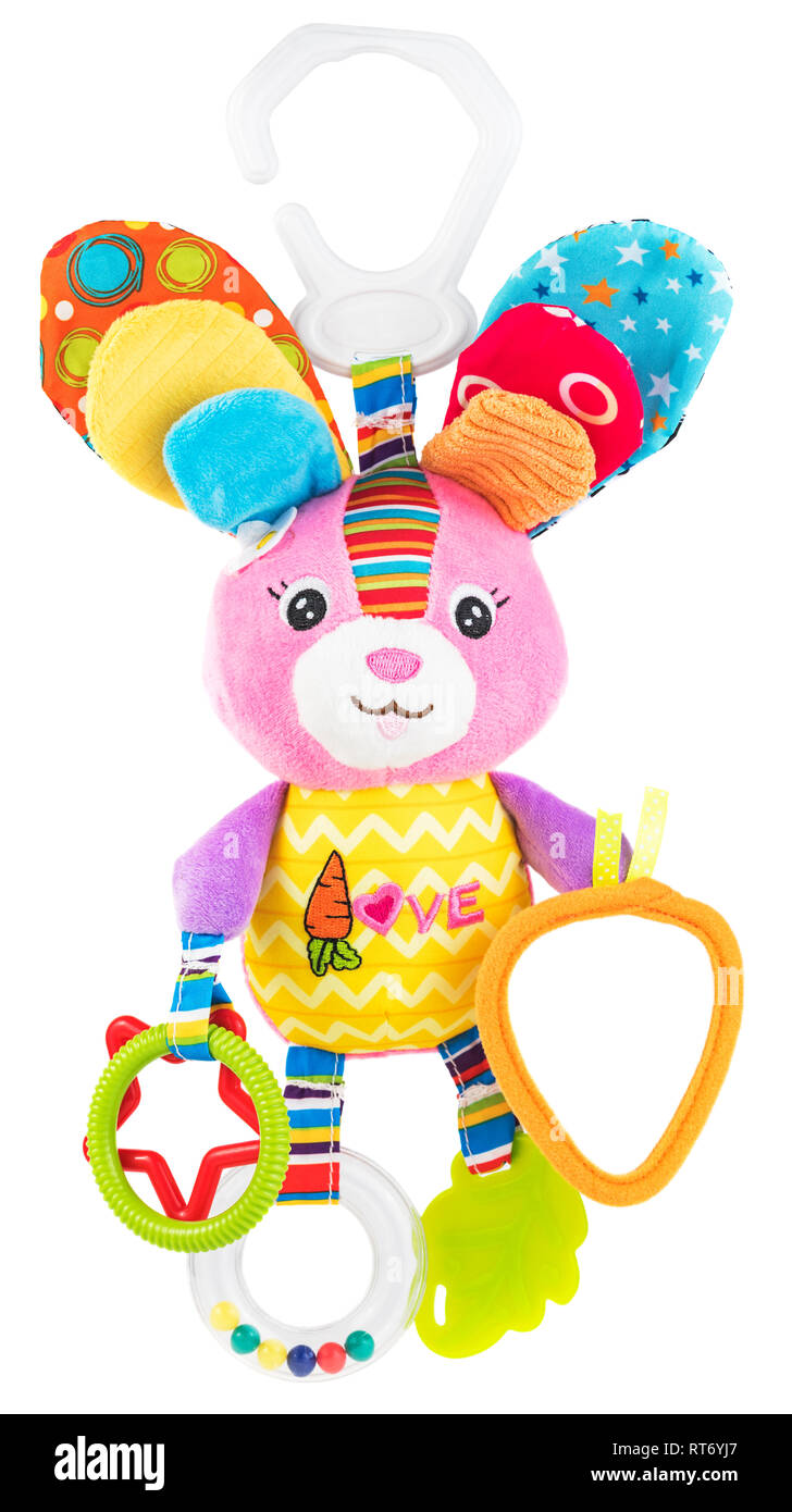 Appendere tessile morbido multicolore coniglio. Bambino giocattolo fragrante succhietto isolato su uno sfondo bianco. Foto Stock