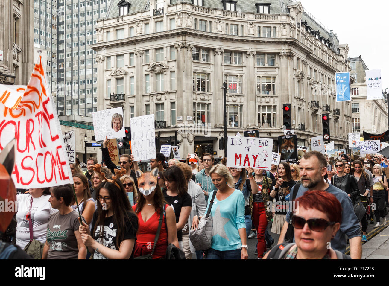 Londra, Inghilterra - 29 Maggio 2017: di attivisti per i diritti degli animali sulla manifestazione contro la caccia fow a Londra Foto Stock