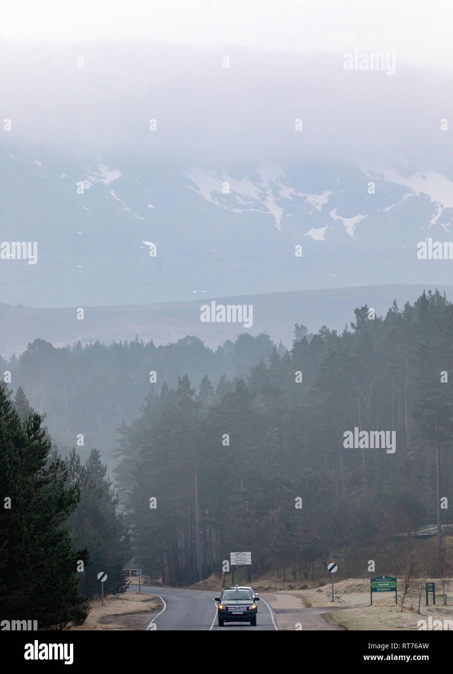 Aviemore, Highlands scozzesi, Scozia. Regno Unito Meteo: giovedì 28 febbraio 2019. Le temperature durante la notte sono tornati al loro normale per questo periodo dell'anno con un pernottamento al gelo e il congelamento di nebbia in Cairngorms, Aviemore, Scozia. Glenmore Forest Park e la strada di Cairngorms Ski Area come le temperature di ritorno alla normalità per questo periodo dell'anno Credito: DGDImages/Alamy Live News Foto Stock