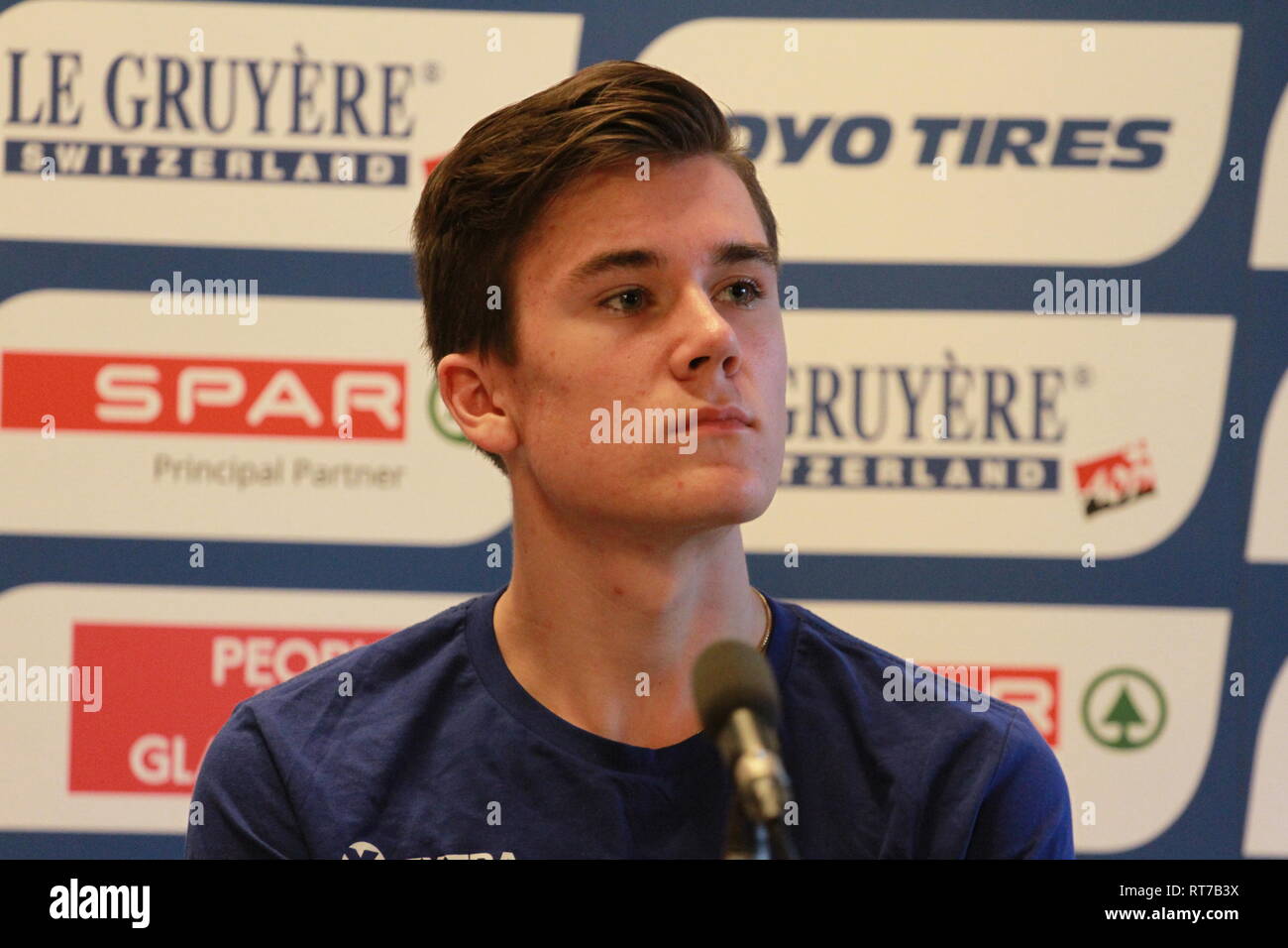 Glasgow, Regno Unito. 28 Feb, 2019. Jakob Ingebrigtsen (NOR) - europeo 1500m e 5000m campione durante la conferenza stampa di apertura a livello Europeo Indoor Athletics Championships 2019 Credit: Ben Booth/Alamy Live News Foto Stock