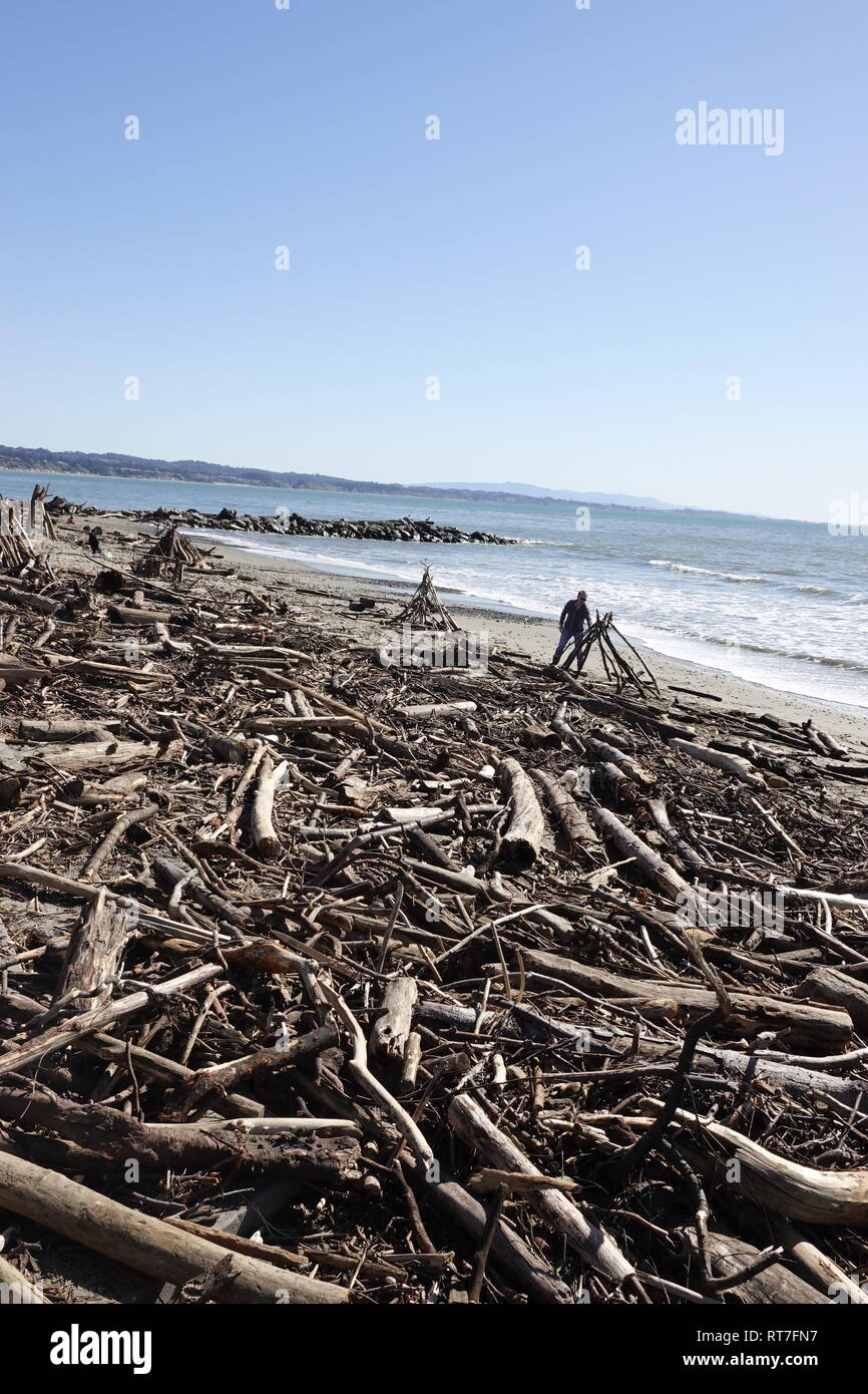 Capitola, California, Stati Uniti d'America 28 Febbraio 2019 - i locali ri-organizzare il driftwood e detriti vari lavato fino sulla spiaggia città dopo l'ampia tempeste che hanno colpito la California questa settimana. Credito: Motofoto/Alamy Live News Foto Stock