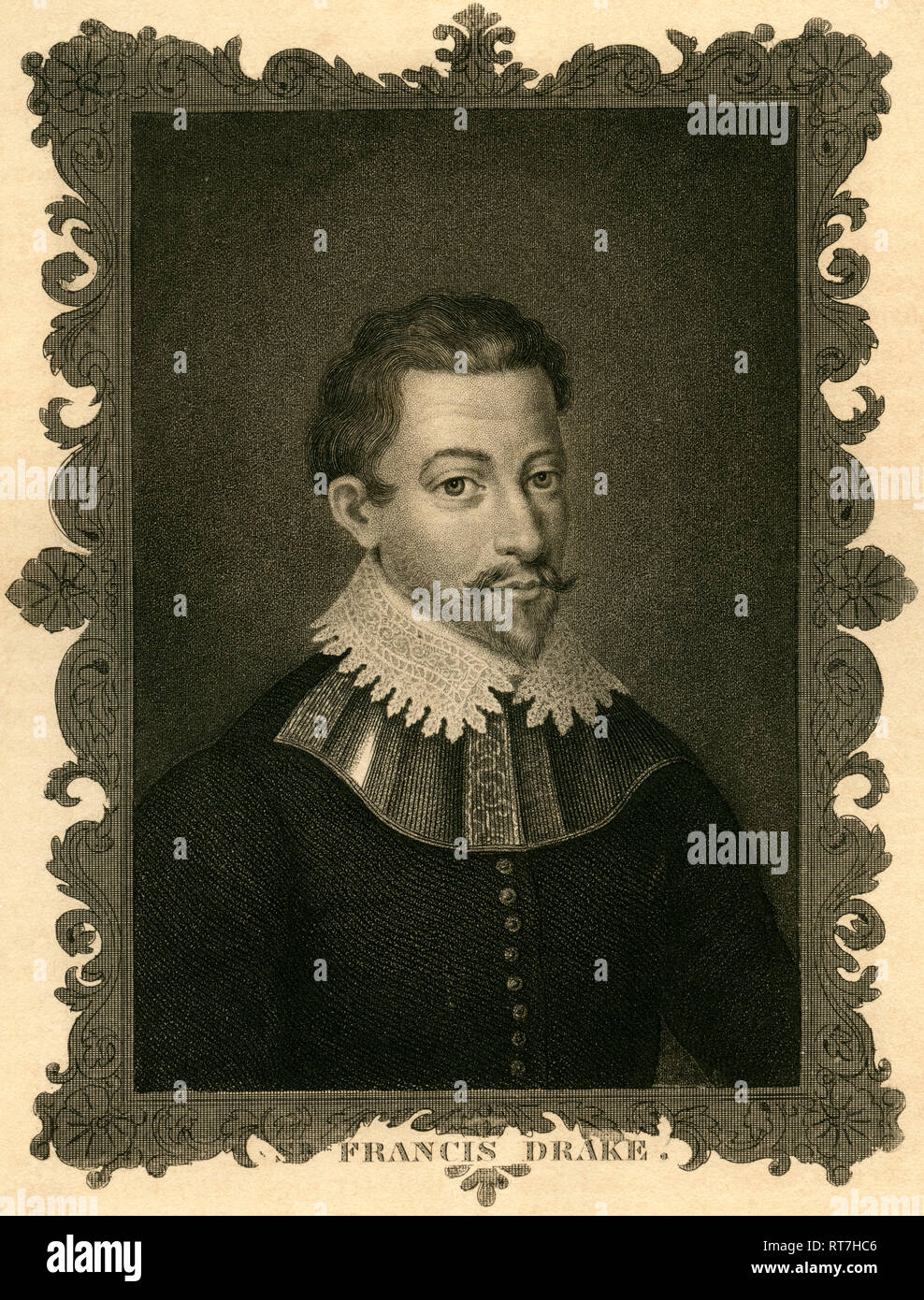 Sir Francis Drake, inglese capitano di mare e viceadmiral, incisione in acciaio da circa 1850., artista del diritto d'autore non deve essere cancellata Foto Stock