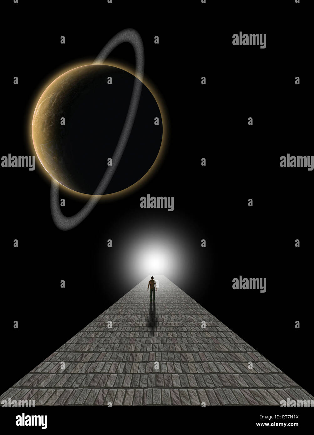 Pittura surreale. La figura di uomo a piedi sulla strada di pietra alla luce. Deep space Foto Stock