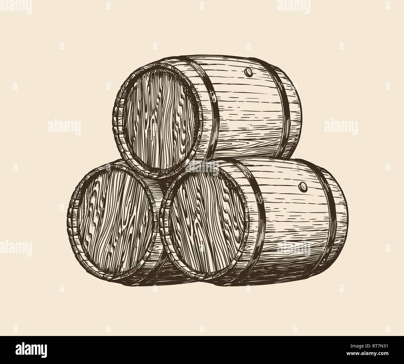 Cantina, cantina. In botti di legno con il vino, schizzo. Vintage illustrazione vettoriale Illustrazione Vettoriale