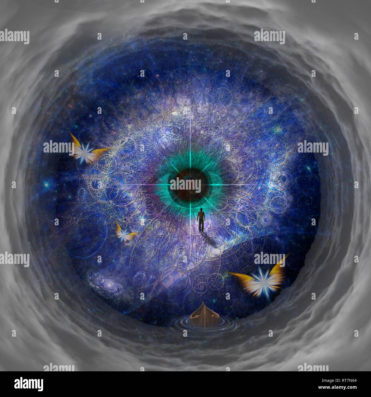 La figura di uomo a camminare attraverso il tunnel spaziale Foto Stock
