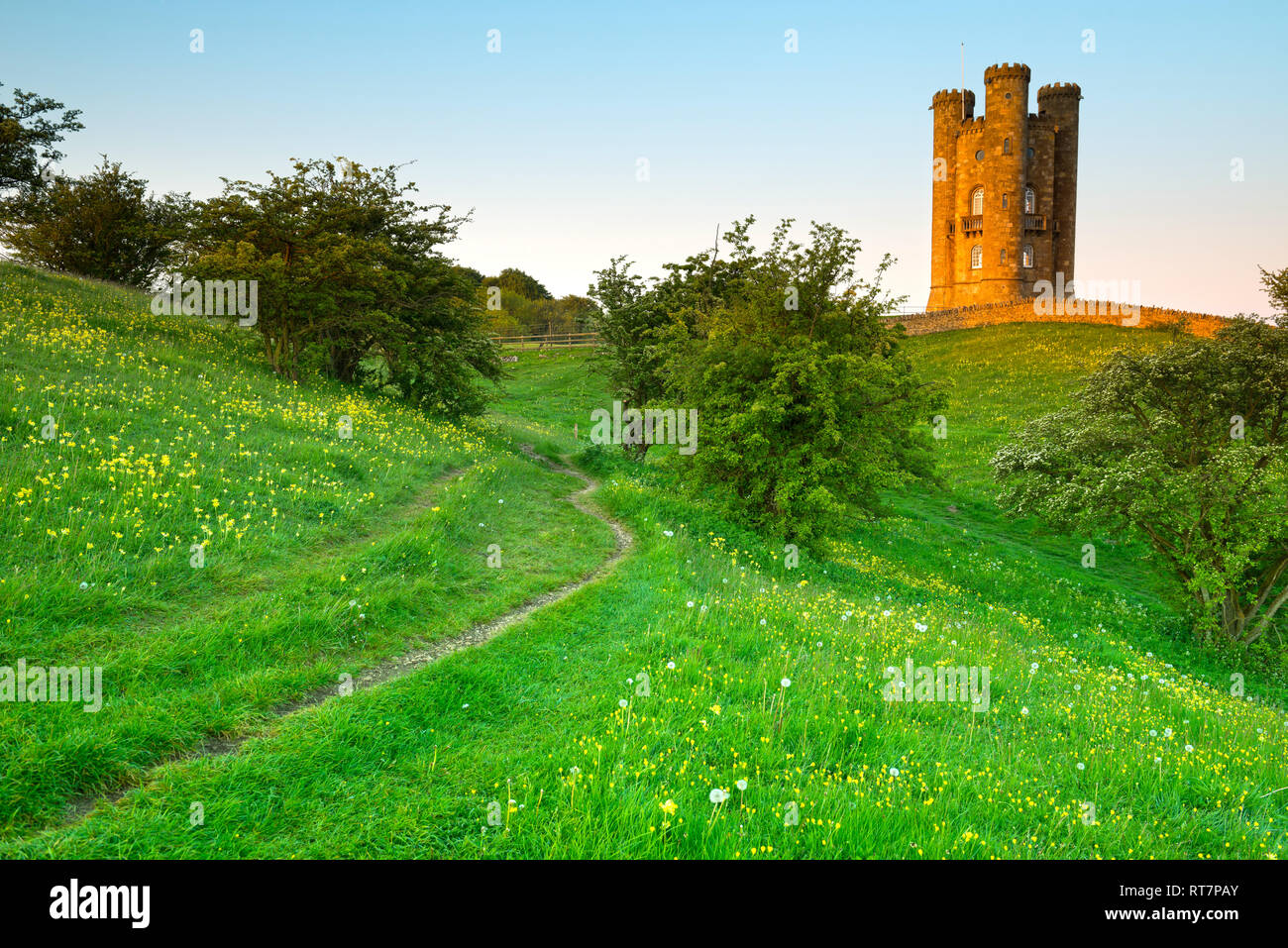 Sunrise presso la Torre di Broadway in Cotswolds , Inghilterra Foto Stock