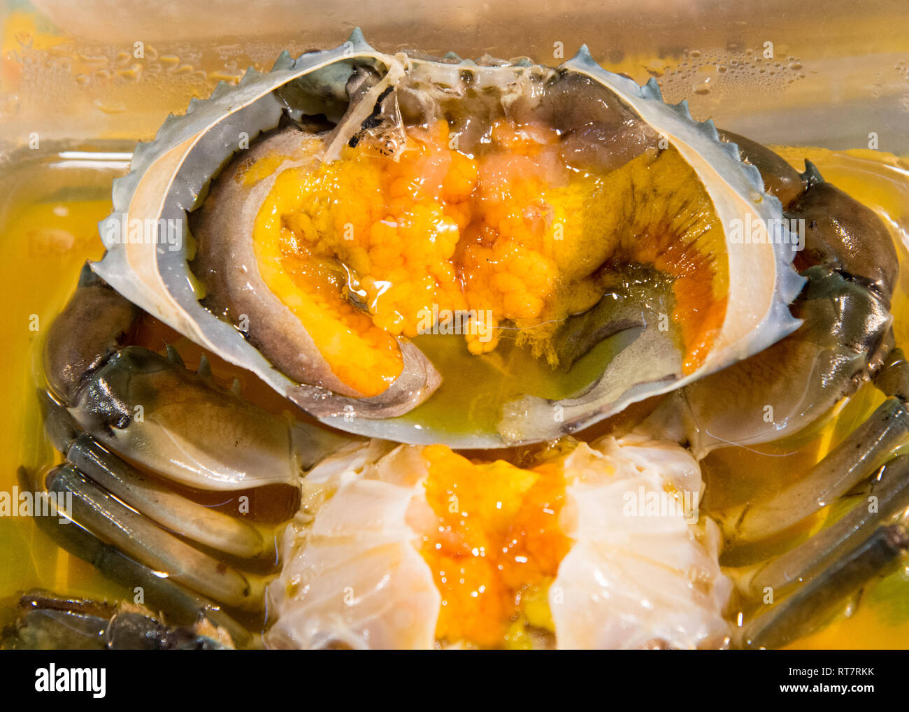 Decapare le uova di granchio con salsa di pesce e frutti di mare Tailandese Foto Stock