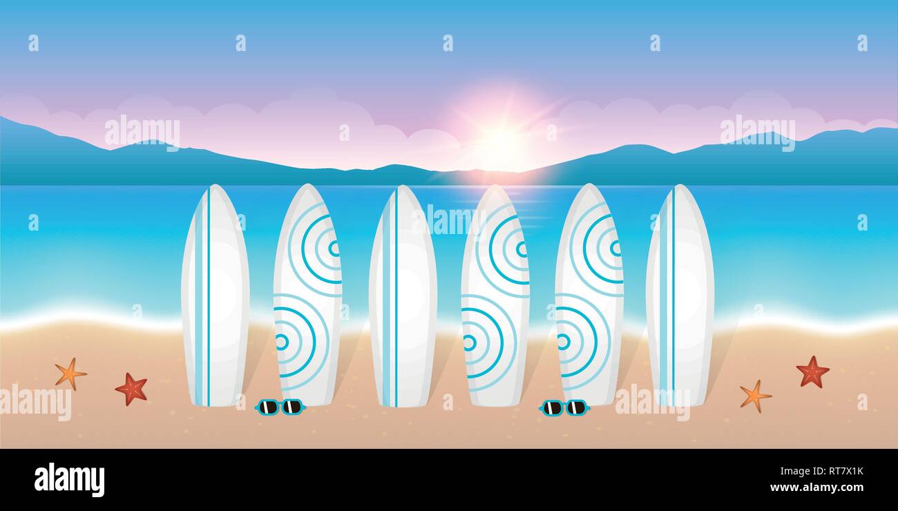Tavole da surf per la lezione di surf sulla bellissima spiaggia di sunrise con occhiali da sole e stelle marine illustrazione vettoriale EPS10 Illustrazione Vettoriale
