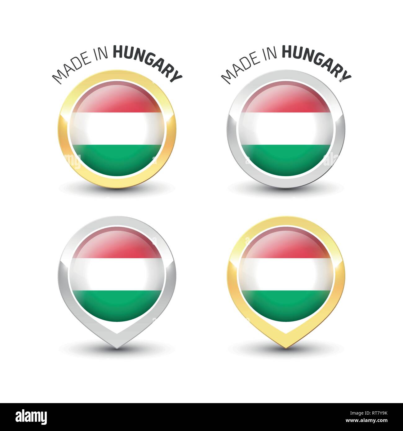 Fabbricato in Ungheria - etichetta di garanzia con la bandiera ungherese all'interno del turno oro e argento icone. Illustrazione Vettoriale