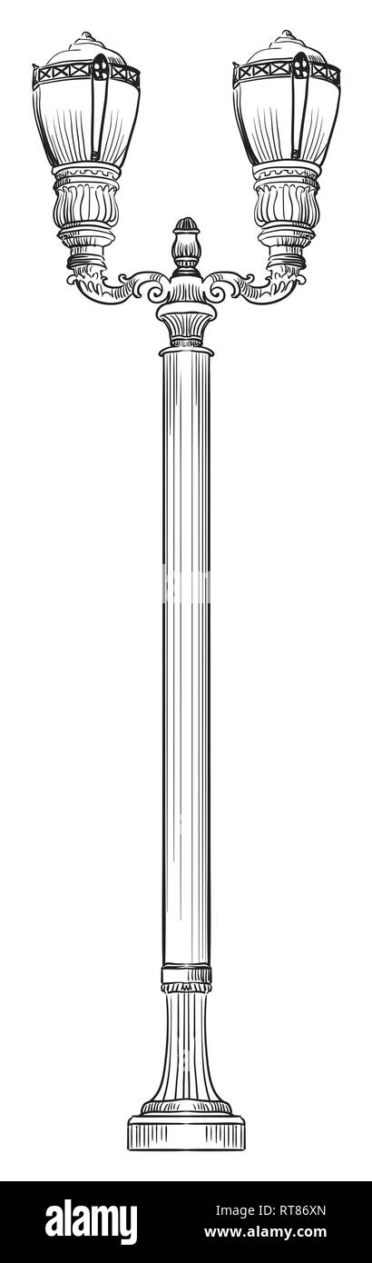 Antica strada lampada. Vettore di disegno a mano illustrazione in colore nero isolato su sfondo bianco Illustrazione Vettoriale
