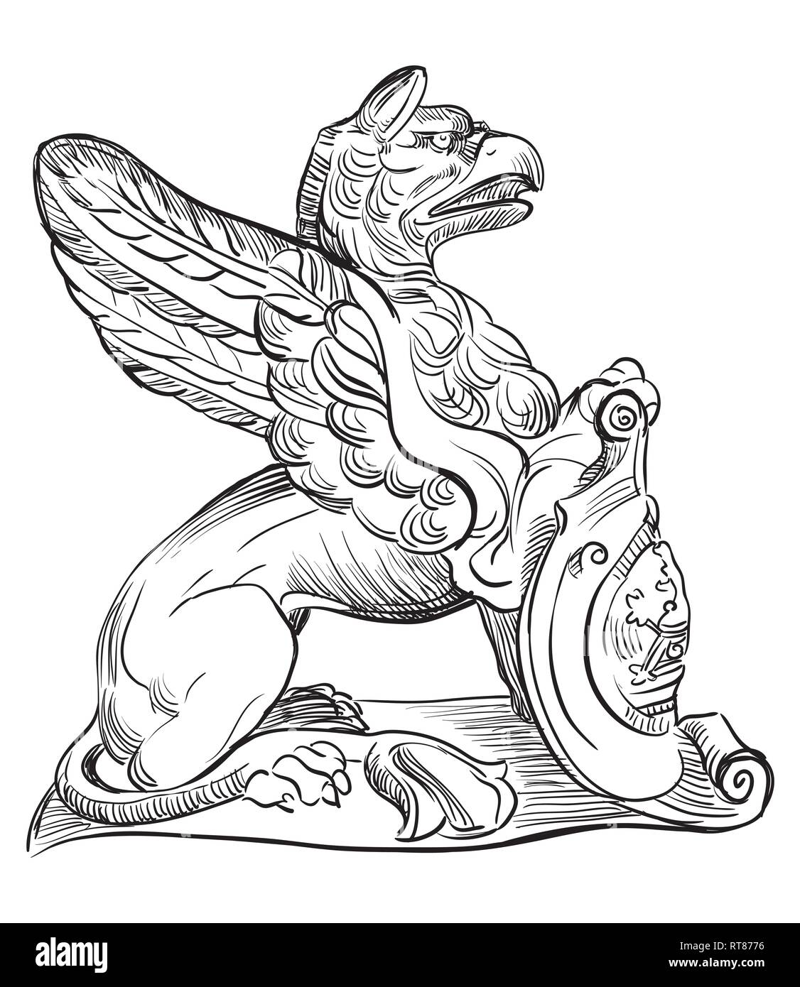 Antico in pietra scultura di Griffin, seduta nel profilo. Vettore di disegno a mano illustrazione in colore nero isolato su sfondo bianco. Illustrazione Vettoriale