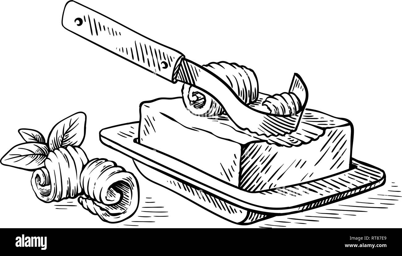 Bozzetto disegnato a mano il blocco di burro e ondulato coltello sul piatto e riccioli illustrazione vettoriale Illustrazione Vettoriale