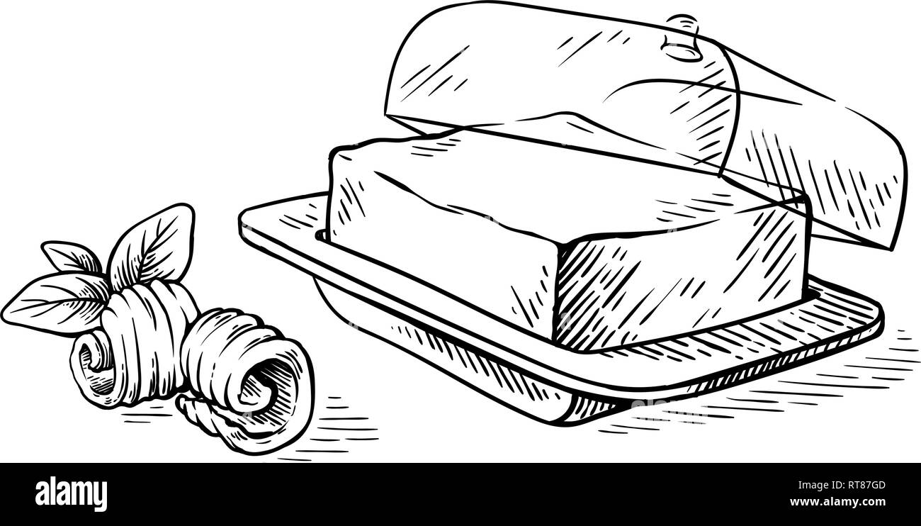 Bozzetto disegnato a mano Blocco di burro sul piatto di portata e si arriccia illustrazione vettoriale Illustrazione Vettoriale