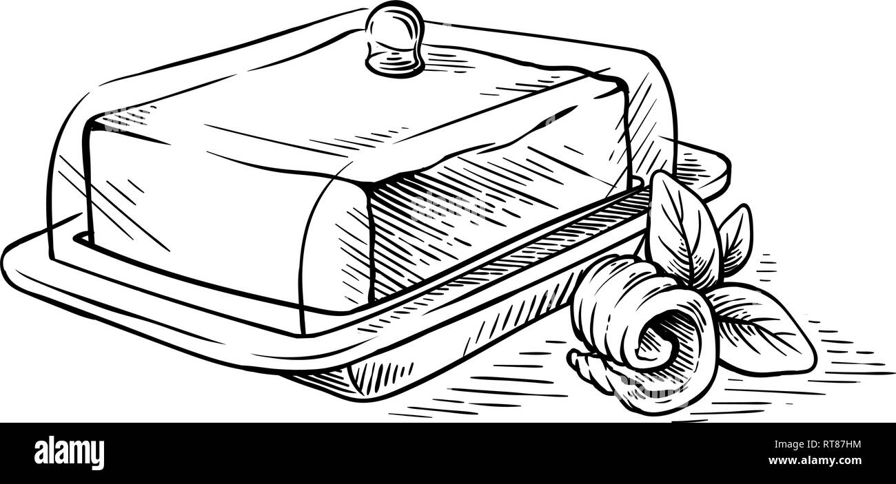 Bozzetto disegnato a mano Blocco di burro sul piatto di portata e si arriccia illustrazione vettoriale Illustrazione Vettoriale