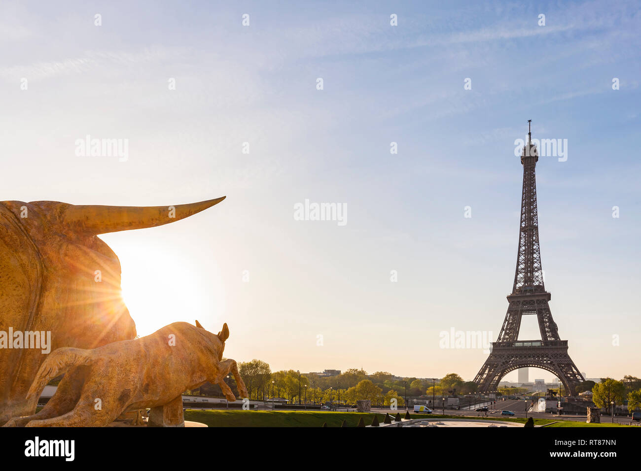 Francia, Parigi Torre Eiffel con statue a Place du Trocadero di sunrise Foto Stock