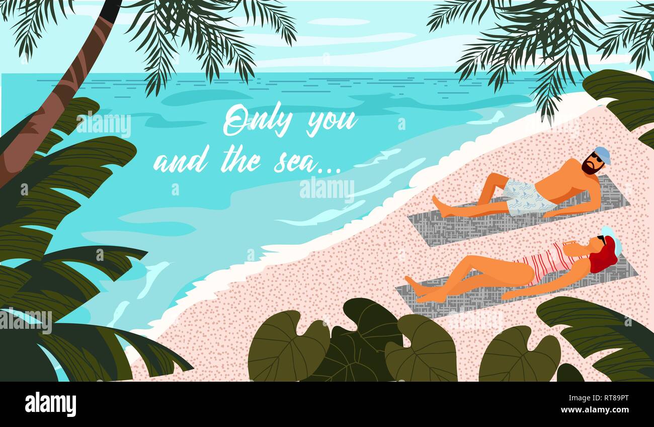Solo voi e il mare. Giovane sunbathes sulla spiaggia nei tropici.orizzontale illustrazione vettoriale con il testo. Illustrazione Vettoriale