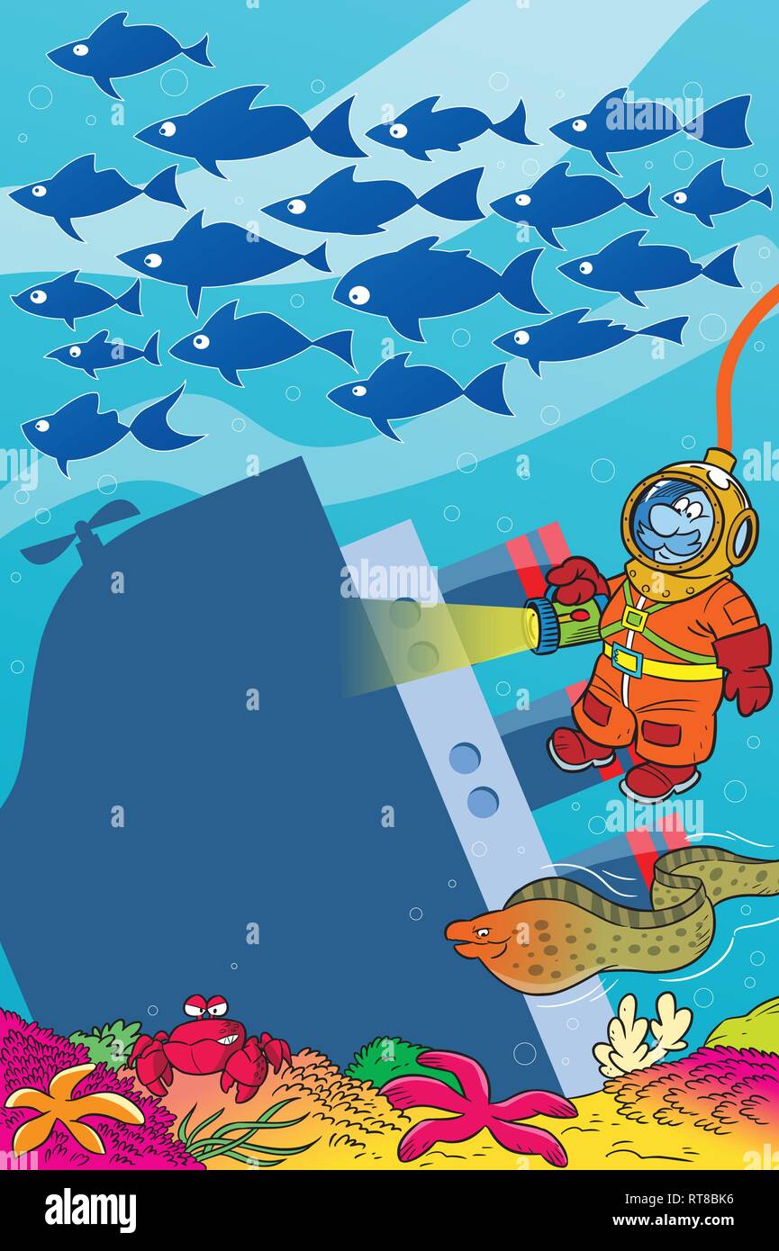 La figura mostra un cartone animato subacqueo sul fondale. Si accende una vecchia nave affondata sullo sfondo un paesaggio marino e branchi di pesci. Illustrazione Vettoriale