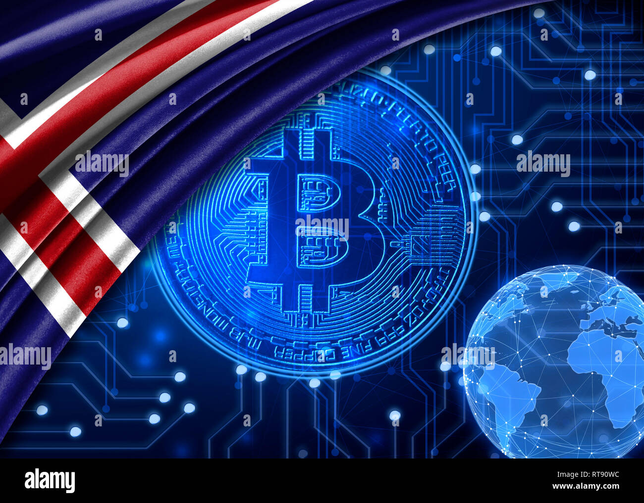 Bandiera dell'Islanda è mostrato contro lo sfondo della moneta crypto bitcoin. Mondo Globale valuta crypto-bitcoin. Mostra il tasso di cambio corrente, influenza Foto Stock