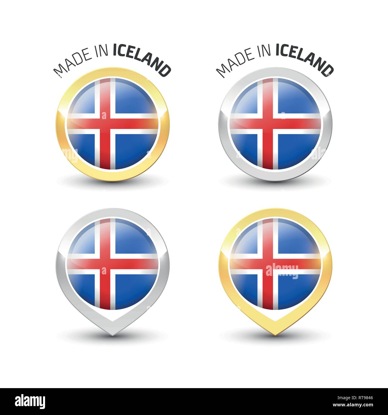 Realizzati in Islanda - etichetta di garanzia con la bandiera islandese all'interno del turno oro e argento icone. Illustrazione Vettoriale