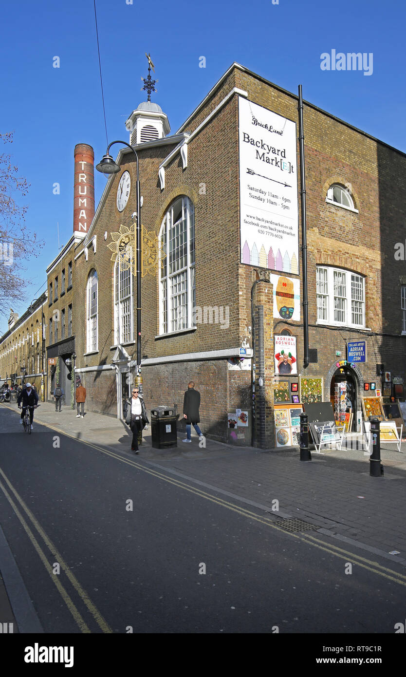 Il vecchio Truman Brewery building a Brick Lane a Londra est-fine Whitechapel distretto. Foto Stock