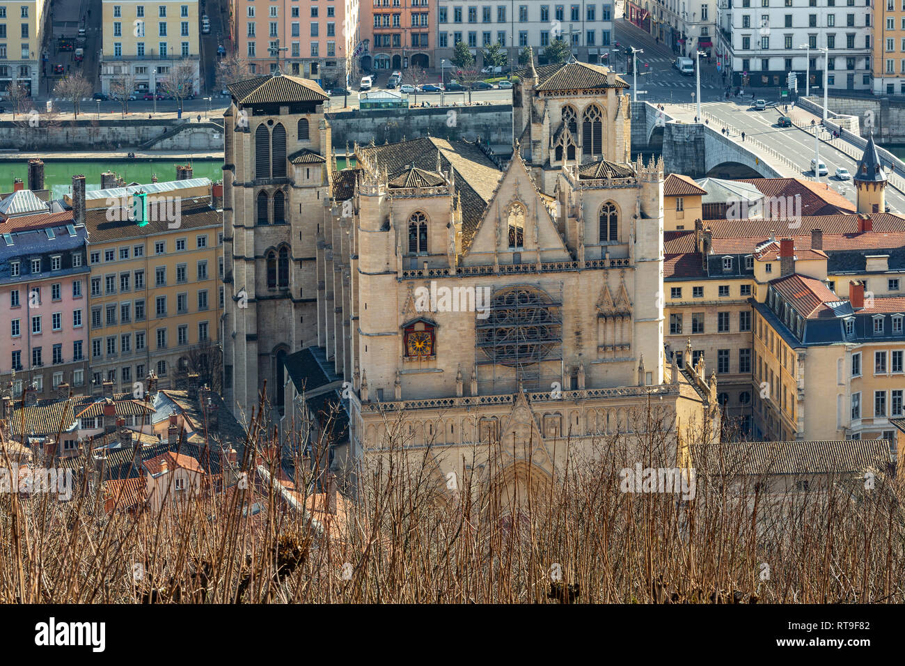 Vista di Saint Jean Cattedrale da Fourvière, Lione Foto Stock