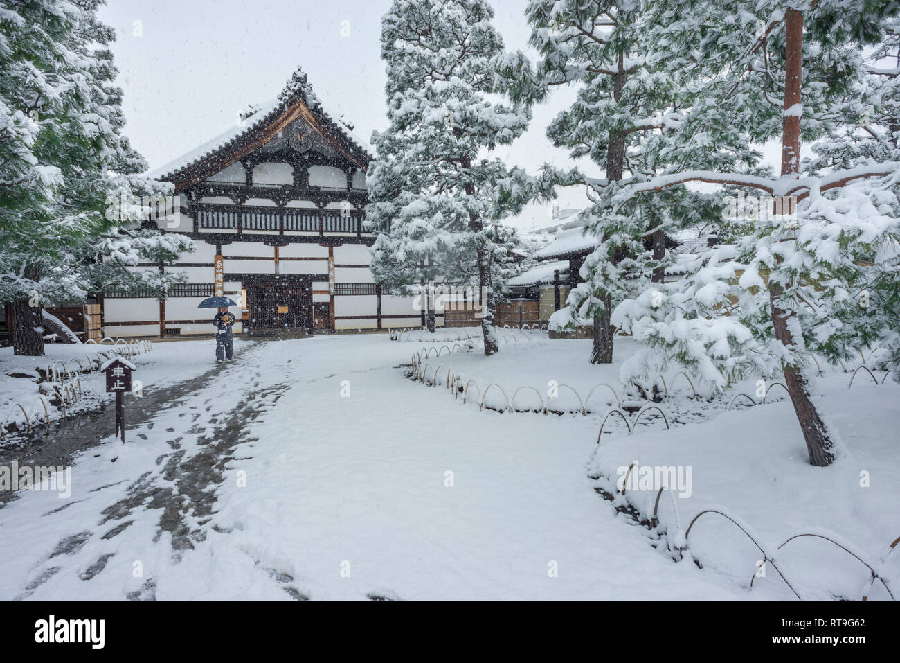 2017- Monaco di Kyoto a piedi tempio Kenninji edificio di legno su un inverno nevoso giorno. Foto Stock