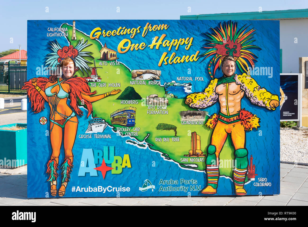 Opportunità fotografica saluti scheda su foreshore, Oranjestad, Aruba, Isole ABC, Leeward Antilles, dei Caraibi Foto Stock
