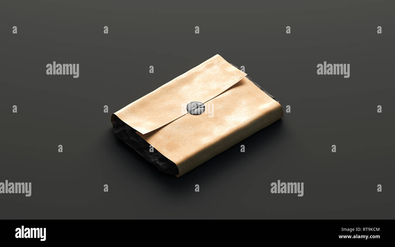 Nero Bianco sticker adesivo sulle imbarcazioni di carta da imballaggio mockup su sfondo scuro, rendering 3d. Premessa vuoto con tag mock up, vista laterale. Chiara etichetta appiccicosa sul pacchetto. Legatura artigianale con badge di colla Foto Stock