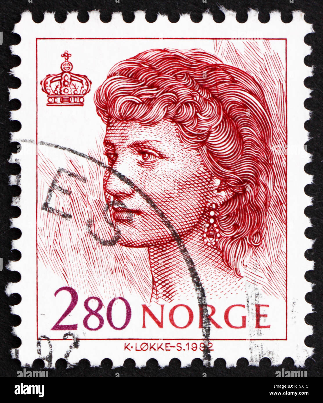 Norvegia - circa 1992: un timbro stampato in Norvegia mostra la regina Sonja di Norvegia, circa 1992 Foto Stock
