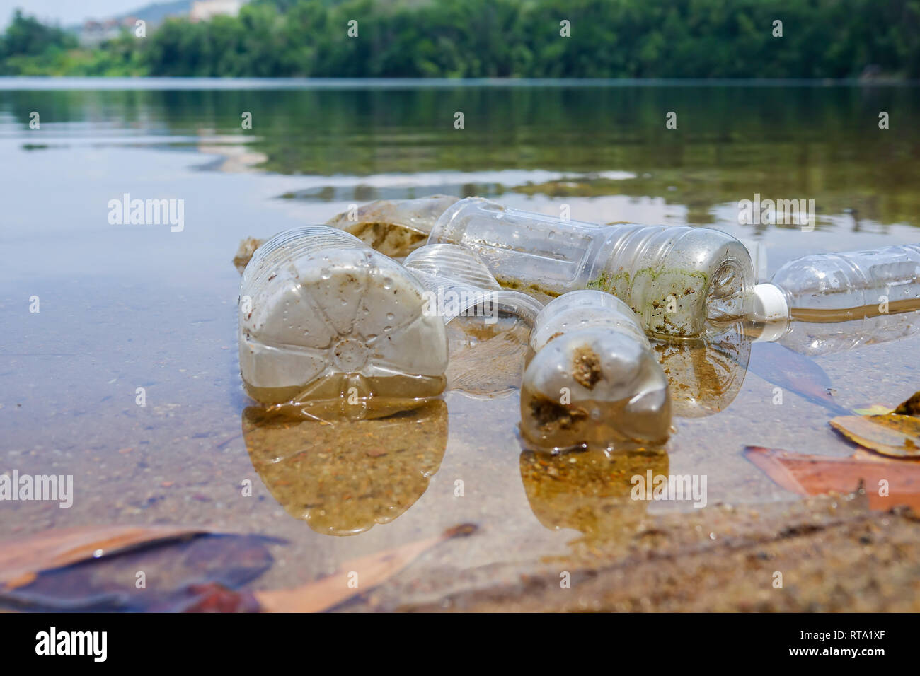 Cattiva abitudine ambientale della disposizione impropria di non-biodegradabili PVC bicchieri e bottiglie in un lago. Messa a fuoco selettiva Foto Stock