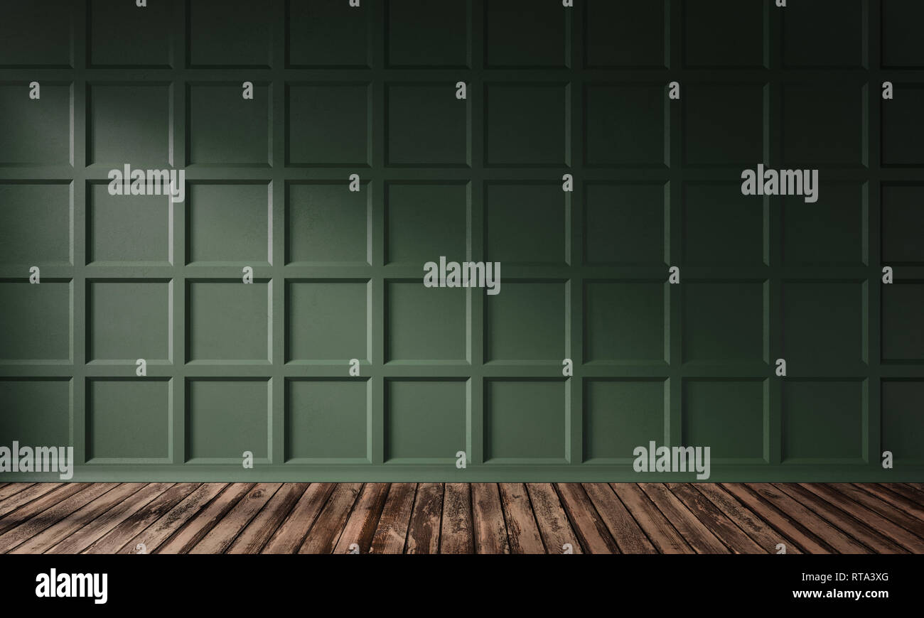 rappresentazione 3d del soggiorno con pannello di legno verde scuro smerigliato e pavimento in legno duro. Interni classici al mattino soleggiato. Foto Stock