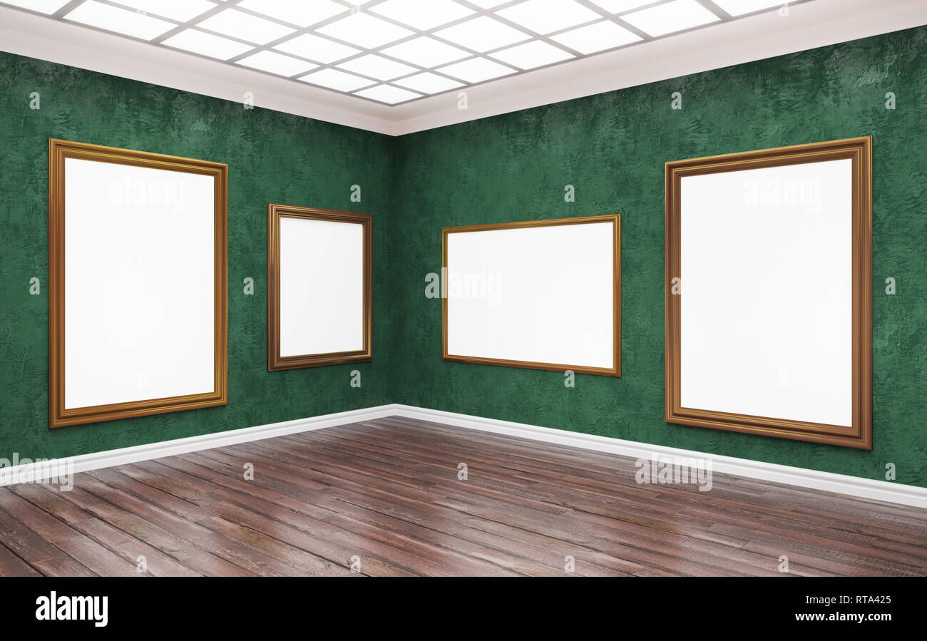 3D rendering immagine della galleria classica. Arte Museo angolo. Bianco Tele vuota nel meraviglioso cornici dorate. Poster, vernice mock up, modello Foto Stock