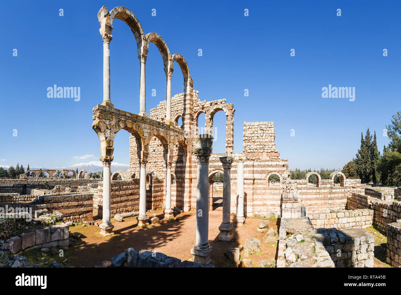 Il Grande Palazzo, Rovine del VIII secolo Umayyad città di Anjar, Libano Foto Stock