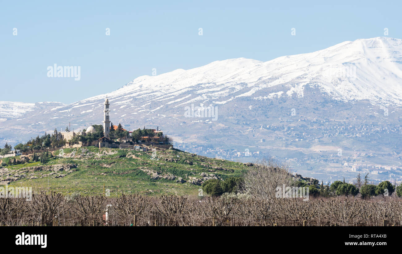 Tal Al-Nabi moschea con montagne innevate sullo sfondo, Anjar, Beqaa Valley, Libano Foto Stock
