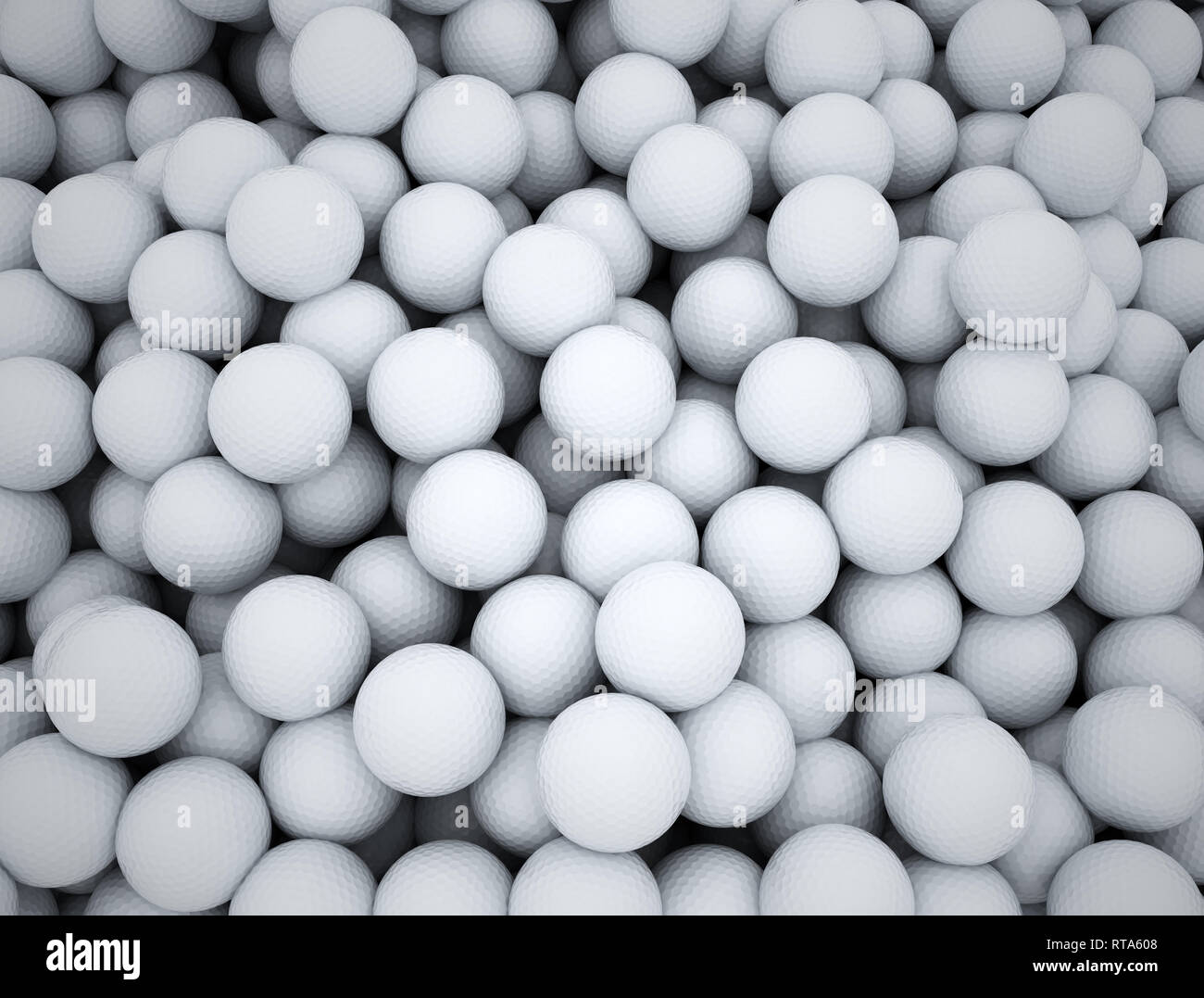 Gruppo di palline da golf in una grande pila close up 3d illustrazione Foto Stock